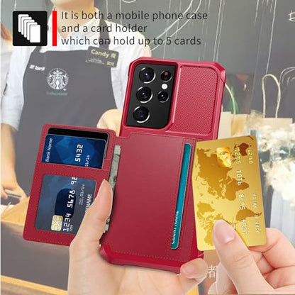 Wallet Case for Samsung Galaxy S21 Ultra, Compatible with Magnetic Car Mount, Heavy Duty Shockproof Rugged Soft TPU Back Leather Flip Credit Card Holder Cover 6.8 inch, Red | Compatible with Magnetic Car Mount, Shockproof Rugged Soft TPU Hard Back Leather