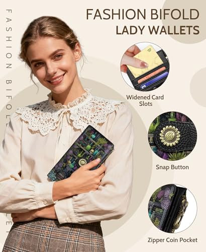 GIANCOMICS Goth Book Shelf Womens Wallet RFID, Credit Card Holder Bifold | Billfold, Cute Cash Purse, Travel Zipper Coin Pocket, Compact Clutch, PU Leather, ID Window, 11 Card Slots, Ladies Gift Woman - color: Bookshelf Skulls
