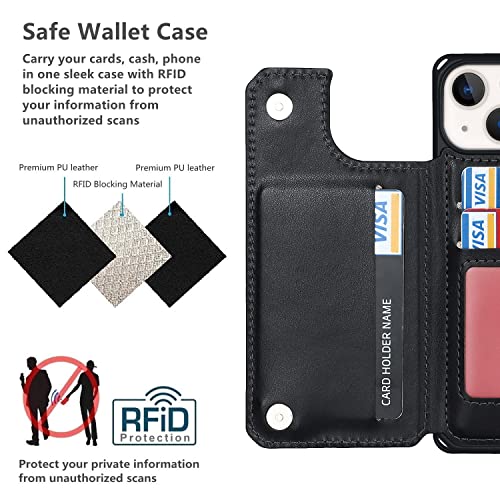 iCoverCase Compatible with iPhone 14 Wallet Phone Case with Card Holder for Women, RFID Blocking Embossed PU Leather Wrist Strap Case 6.1 Inch (Macaron Black) - color: P-Black