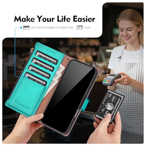 Compatible with iPhone 17e / 16e Wallet Case with Card Holder RFID Blocking Zipper Poket PU Leather Flip Phone Case with Wrist Strap Credit Card Slots Men Women,Blue Green - color: Blue Green