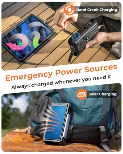 BLAVOR Solar Power Bank with Hand Crank and Built-in 4 Cables 20000mAh - color: Black