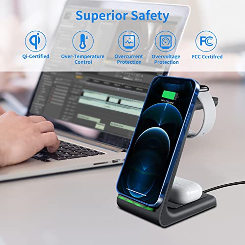 Wireless Charger iPhone,YOCUNKER 3 in 1 Qi Fast Wireless Charging Station Stand Dock for Multiple Devices Apple Watch Series 7/SE/6/5/4/3/2, Airpods 3/Pro/2,iPhone 14/13/12/11 Pro Max/X/XR (Black) - color: Black