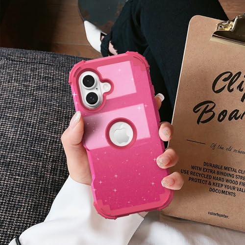 IDweel for iPhone 17 Case with Screen Protector for Women, 3 in 1 Shockproof Slim Fit Hybrid Heavy Duty Hard PC Cover Soft Silicone Bumper Full Body Anti-Fingerprint Case, Glitter Rose Red - color: Glitter Rose Red
