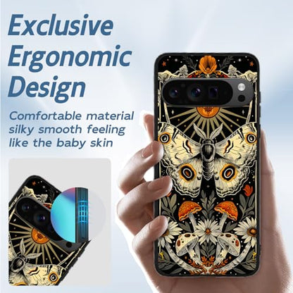 for Google Pixel 9 Pro XL Phone Case TPU Shockproof Full Body Protection Cover 6.8" Moth Mushroom Flower for Pixel 9 Pro XL Lightweight Compatible Wireless Charging Screen Protector Film - color: Moth Mushroom Flower