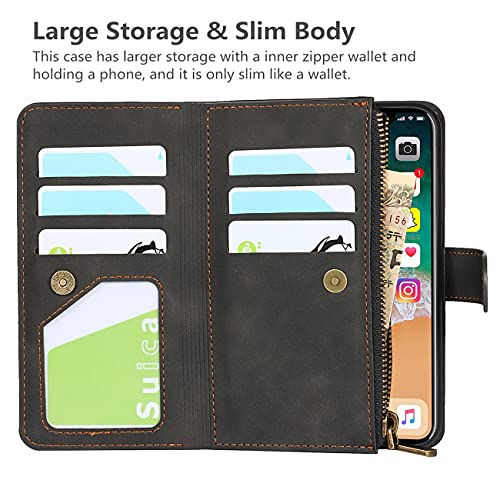 iCoverCase for iPhone X/XS Wallet Case with Card Holder and Wrist Strap, PU Leather Kickstand Card Slots Zipper Pocket Magnetic [Detachable] Flip Cover Case 5.8 Inch (Black) - color: Black