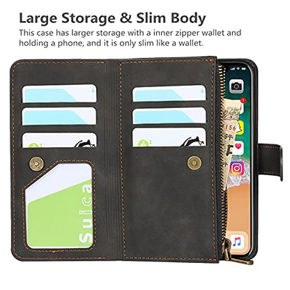 iCoverCase for iPhone X/XS Wallet Case with Card Holder and Wrist Strap, PU Leather Kickstand Card Slots Zipper Pocket Magnetic [Detachable] Flip Cover Case 5.8 Inch (Black) - color: Black