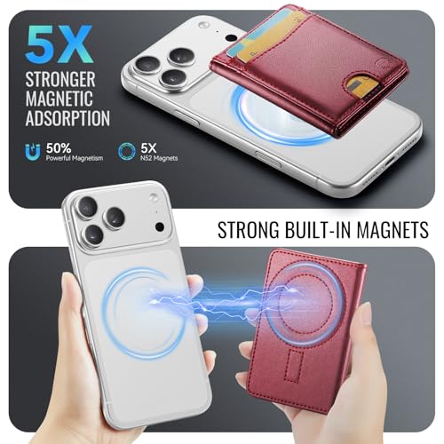 Strapurs Strong Magnetic Wallet Card Holder for MagSafe Phones and Cases, Slim PU Leather Detachable Phone Wallet with 6 Card Slots RFID Blocking for iPhone 17/16/15/14/13/12/Pro/Max/Plus – Wine Red - color: Wine Red