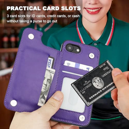 ONETOP for iPhone 17e/16e Wallet Case with Credit Card Holder,Purple | 360° Rotation Ring Kickstand,Finger Grip,Double Magnetic Clasp,RFID Blocking PU Leather Shockproof Cover for Women Men - color: Purple