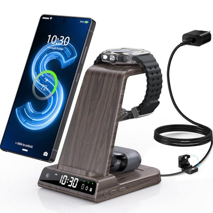 Wireless Charger for Samsung S25 with Clock 3 in 1 Android Charging Station - color: Wood Grain