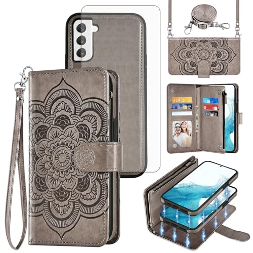 Asuwish Phone Case for Samsung Galaxy S22 5G Zipper Wallet Detachable Cell Cover with Tempered Glass Screen Protector Crossbody Strap Flower Card Holder Slot S 22 22S 4G G5 6.1 inch Women Girls Gray - color: Gray