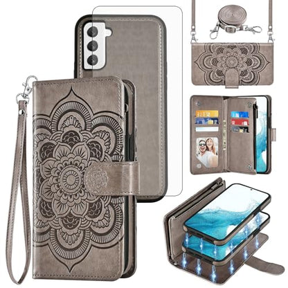 Asuwish Phone Case for Samsung Galaxy S22 5G Zipper Wallet Detachable Cell Cover with Tempered Glass Screen Protector Crossbody Strap Flower Card Holder Slot S 22 22S 4G G5 6.1 inch Women Girls Gray - color: Gray