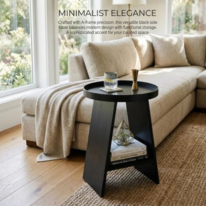 2-Tier Round End Table with 17.7 inch Tray Top, Black - color: Black