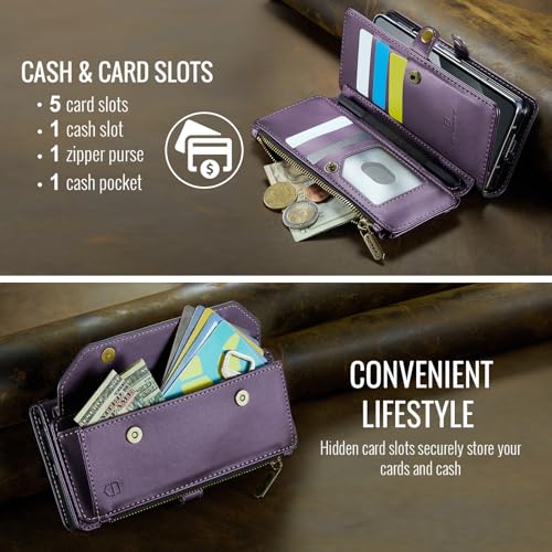 Strapurs Crossbody Wallet Case Compatible with Samsung Galaxy Z Fold 5 with RFID Blocking Card Holder & Pen Holder Slot Soft PU Leather Shoulder Strap Zipper Pocket Purse Fold 5 Phone Case, Purple | RFID Blocking 5-Card Holder, Shoulder Lanyard, Wirst Str