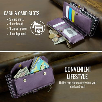 Strapurs Crossbody Wallet Case Compatible with Samsung Galaxy Z Fold 5 with RFID Blocking Card Holder & Pen Holder Slot Soft PU Leather Shoulder Strap Zipper Pocket Purse Fold 5 Phone Case, Purple | RFID Blocking 5-Card Holder, Shoulder Lanyard, Wirst Str