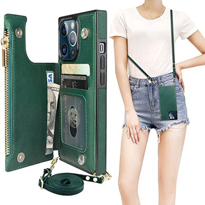 Bocasal Crossbody Wallet Case with Strap for iPhone 13 Pro, Green - color: Green
