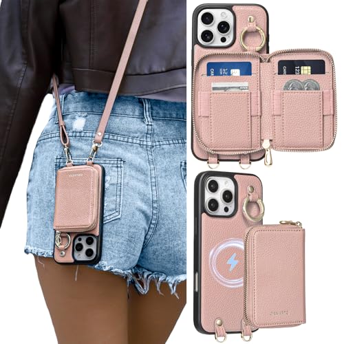 ORNARTO Magnetic Detachable Wallet Case for iPhone 16 Pro, Pink | Compatible with MagSafe, Crossbody Wallet Case with Card Holder Wrist Strap, RFID Blocking PU Leather Wallet Phone Cover 6.3” - color: Pink