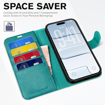 TUCCH Wallet Case for iPhone Air (6.5") 2025, 4 Card Holders, Cyan | RFID Blocking, Viewing Stand, Shockproof TPU Shell, PU Leather, Magnetic Closure, Protective Folio Flip Cover - color: Textured Cyan
