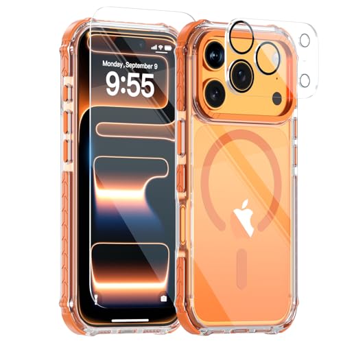 for iPhone 17 Pro Max Case,Compatible with MagSafe Magnetic Clear Orange Cover,Full Protection Shockproof Phone Case with Screen & Lens Protectors,Anti-Slip Protective Cover - color: A4-Clear Orange, size: iPhone 17 pro Max (6.9")