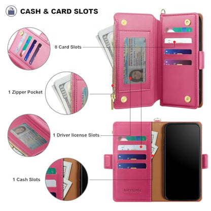 Antsturdy for iPhone 17 Pro Max Phone Wallet Case Women,Hot Pink | RFID Blocking,with Credit Card Holder Slots,PU Leather Purse,Zipper Pocket,Wrist Strap Kickstand,Flip Folio Cover for Men - color: Hot Pink