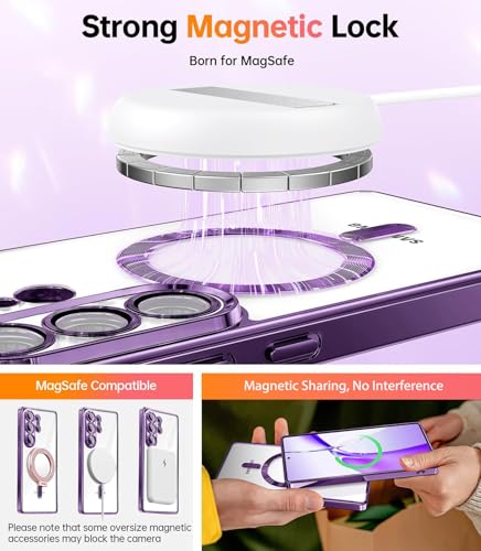 for Samsung Galaxy S26 Ultra Case, Purple, Camera Lens Protection, 6.9'' | Magnetic, Clear Back Plating Metallic Glossy, Full Camera Lens Protection, Slim Thin, Soft Shockproof - color: Purple/Clear