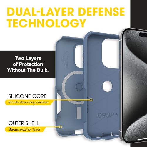 OtterBox iPhone 15 Pro Commuter Series MagSafe Case - Crisp Denim | 3X MIL Drop Protection - Dual-Layer Shockproof Design - Pocket-Friendly - Raised Edges - Port Covers - Non-Retail Packaging - color: Crisp Denim