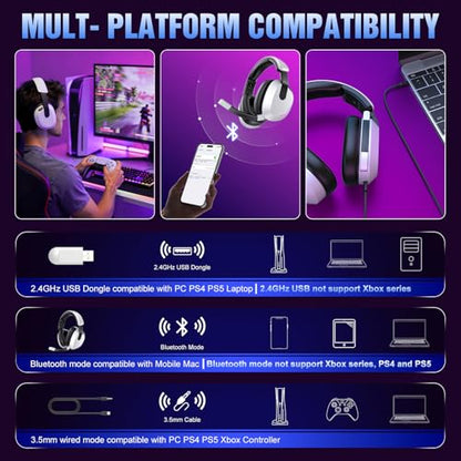 BENGOO 60H Wireless Gaming Headset with RGB Lights for PS5 PS4 PC - color: White