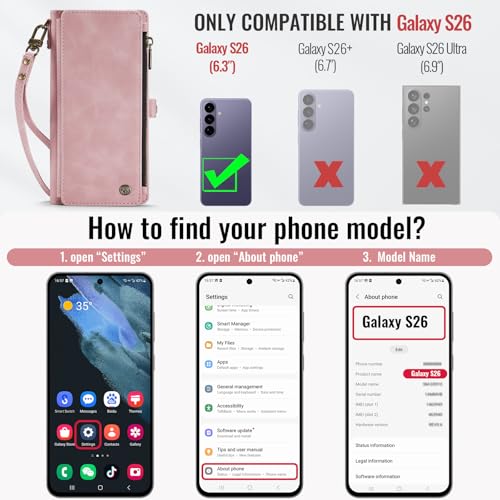Defencase for Samsung Galaxy S26 Wallet Case with RFID Card Holder, Pink | Durable Soft PU Leather, with Zipper Pocket, Wrist Strap, Fashion Snap Flip S26 Phone Cases Cover with Stand for Women Men - color: Rose Pink