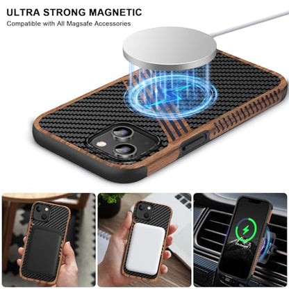 TENDLIN Compatible with iPhone 13 Case Wood Grain with Carbon Fiber Texture Design Leather Hybrid Slim Case (Compatible with MagSafe) Three Stripe - color: Magnetic Three Stripe