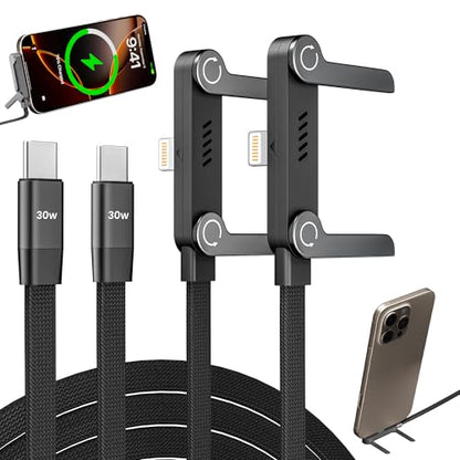 2 Pack USB C to Lightning Cable with Built-in Metal Phone Stand, PD 30W Invisible Holder Charger Cable, 90 Degree Braided Flat Lightning Charging Cable, Foldable Data Cable Standing for iPhone 14-5