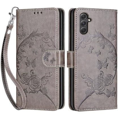 Wallet Case for Samsung Galaxy A54 5G, Gray Flower | Women Flip Folio Cover, Embossed PU Leather, Stand, Credit Card Holders Slots, Wrist Strap - color: 6