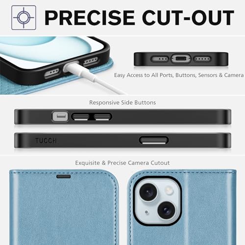 TUCCH Wallet Case for iPhone 15 6.1" 2023, 4 Card Holders, Shiny Light Blue | RFID Blocking, Viewing Stand, Shockproof TPU Shell, PU Leather, Magnetic Closure, Protective Folio Flip Cover - color: Blue - Shiny Blue