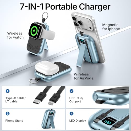 for MagSafe Portable Charger, 10000mAh Power Bank with Built-in 2 Cables - color: blue