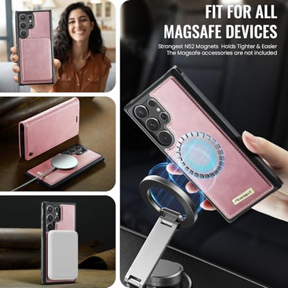 for Samsung Galaxy S26 Ultra 2in1 Detachable Wallet Case, Pink | Compatible with Magsafe, Magnetic, RFID Blocking Card Holder, Shockproof, Kickstand, Wireless Charging, PU Leather Flip Cover - color: (Detachable 2 in 1)-Pink, size: Galaxy S26 Ultra
