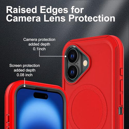 YKHJKLEC for iPhone 16 Case, Compatible with Magsafe, Military Grade 3 in 1 Heavy Duty Shockproof/Drop Proof/Dust Proof Case with 2Pcs Tempered Glass Screen Protector (New-Red/Black) - color: New-Red/Black