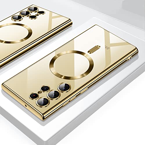 For Samsung Galaxy S23 Ultra Case（only）, Covers for s23u .Magnetic Metallic Glossy Slim Clear Luxury Soft Shockproof funda capa para for Galaxy S23 Ultra 6.8 inch.Compatible with MagSafe (Gold) - color: Gold