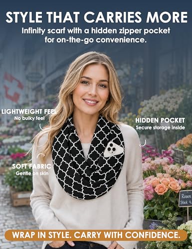 Pop Fashion Quatrefoil Pattern Infinity Scarf for Women - Travel Scarf with Hidden Pocket - All Seasons - color: Black, size: 24.5 x 9.5