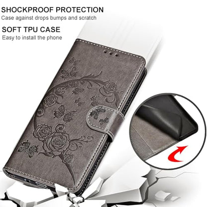 for Motorola Moto G Stylus 5G 2025 Wallet case, Gray Flower | 3 Card Holders, Kickstand, Shockproof TPU Shell, PU Leather, Magnetic Closure, Protective Flip Folio Cover, Women - color: 9