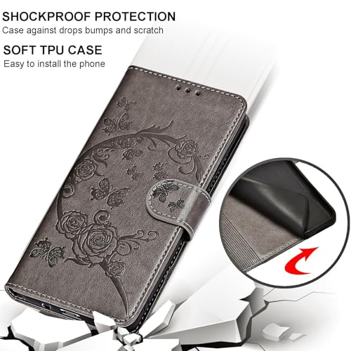 for iPhone 15 Plus Wallet case, Gray Flower | 3 Card Holders, Kickstand, Shockproof TPU Shell, PU Leather, Magnetic Closure, Protective Flip Folio Cover, Women - color: 9