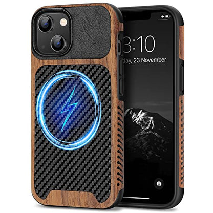 TENDLIN Magnetic Case Compatible with iPhone 14 Case Wood Grain with Carbon Fiber Texture Design Leather Hybrid Slim Cover (Compatible with MagSafe) Black - color: Magnetic Black, size: iPhone 14