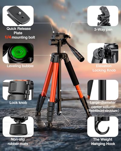 73" Camera Tripod for Camera and Phone, Aluminum Travel Tripod - color: Orange