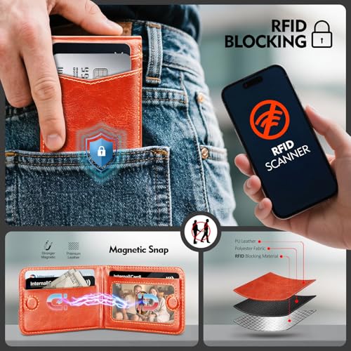 RFID Blocking MagSafe Wallet Stand with Card Holder,5 Card Slots & ID Window,PU Leather Magnetic Phone Adjustable Kickstand for iPhone 12/13/14/15/16/17 Pro Max & Air Plus Series,Orange - color: Orange, style: Stand Wallet
