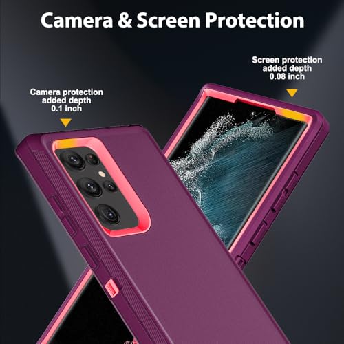 for Samsung Galaxy S22 Ultra Case with 2Pcs Self Healing Flexible TPU Screen Protector & Camera Lens Protector, 3 in 1 Heavy Duty Shockproof/Drop Proof/Dust Proof Case (Wine Red/Rose Pink) - color: Wine Red/Rose Pink