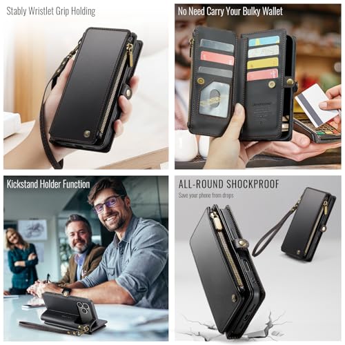 Defencase for iPhone 17 Pro Max Wallet Case with RFID Card Holder, Black | Durable Soft PU Leather, with Zipper Pocket, Wrist Strap, Fashion Snap Flip Phone Cases Cover with Stand for Women and Men - color: Black