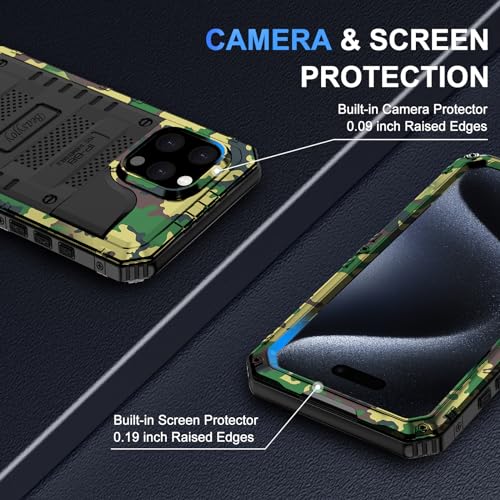 Beasyjoy Compatible with iPhone 15 Pro Max Case Waterproof, Metal Heavy Duty Full Body Protective Case with Built-in Screen Protector, Military Grade Shockproof Defender Rugged Cover 6.7", Camo - color: Camo, size: iPhone 15 Pro Max