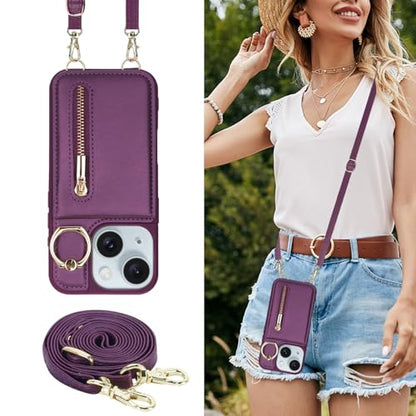Crossbody Wallet Case for iPhone 11 with Lanyard Strap Card Slot Holder RFID Blocking Ring Kickstand,Magnetic Flip Folio Zipper Purse Case, PU Leather Cover Handbag,Deep Purple - color: Deep Purple, size: iPhone 11(6.1")