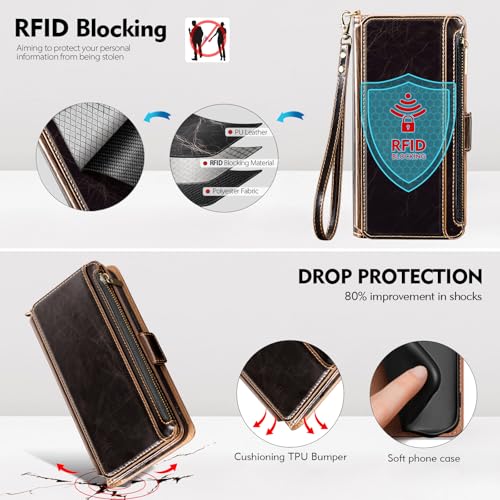 Antsturdy for iPhone 16 Pro Max Phone Wallet Case Women,Coffee | RFID Blocking,with Credit Card Holder Slots,PU Leather Purse,Zipper Pocket,Wrist Strap Kickstand,Flip Folio Cover for Men - color: Coffee