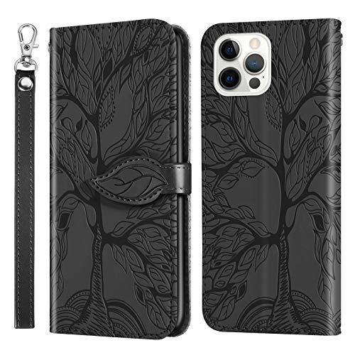 Wallet Case for iPhone 12 Pro Max 6.7" with Card Holder,PU Leather Flip Folio Shell Wrist Strap Stand Function Magnetic Closure Phone Cover fits iPhone 12 Pro Max 6.7 inch,Black - color: Black, size: iPhone 12 Pro Max (6.7 inch)