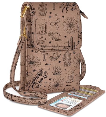 Small Crossbody Phone Purse for Women | Card Slots, Leather Cell Phone Wallet, Adjustable Shoulder Strap, Cross Body Bag for Girls and Ladies, Cute Design - color: Brown Plant