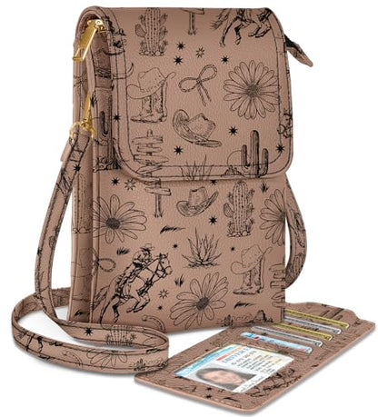 Small Crossbody Phone Purse for Women | Card Slots, Leather Cell Phone Wallet, Adjustable Shoulder Strap, Cross Body Bag for Girls and Ladies, Cute Design - color: Brown Plant