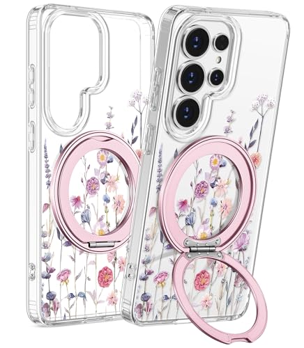 for Samsung Galaxy S25 Ultra Case with Stand - Cute Soft TPU Clear Phone Cover for Women Girls Compatible with Magsafe Girly Unique Design with Magnetic Ring for S25 Ultra, Purple Flower - color: Purple Flower, size: for Samsung Galaxy S25 Ultra